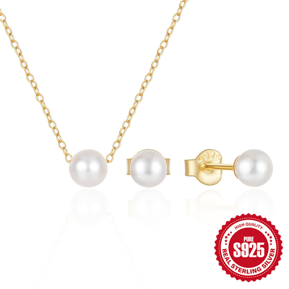 S925 Sterling Silver Pearl Earrings Necklace Set With Collarbone Chain