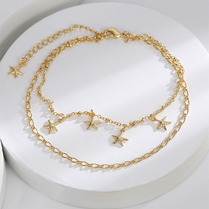 A0014 Jewelry Starfish Tassel Chain Simple Design Anklet for Women Brass Gold-Plated Foot Jewelry