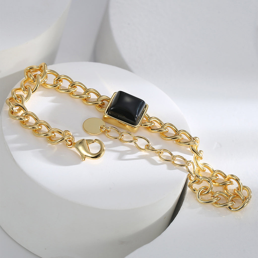 B0134 Minimalist Fashion Hip-Hop Style Trendy Bracelet for Women, Cool Style Black Square Zircon