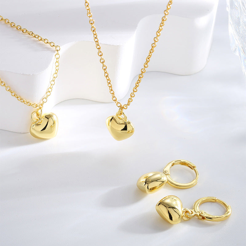 S0006 Fashion Heart Simple Design Bracelet Necklace Earrings Three-Piece Set Copper Gold-Plated Jewelry Set