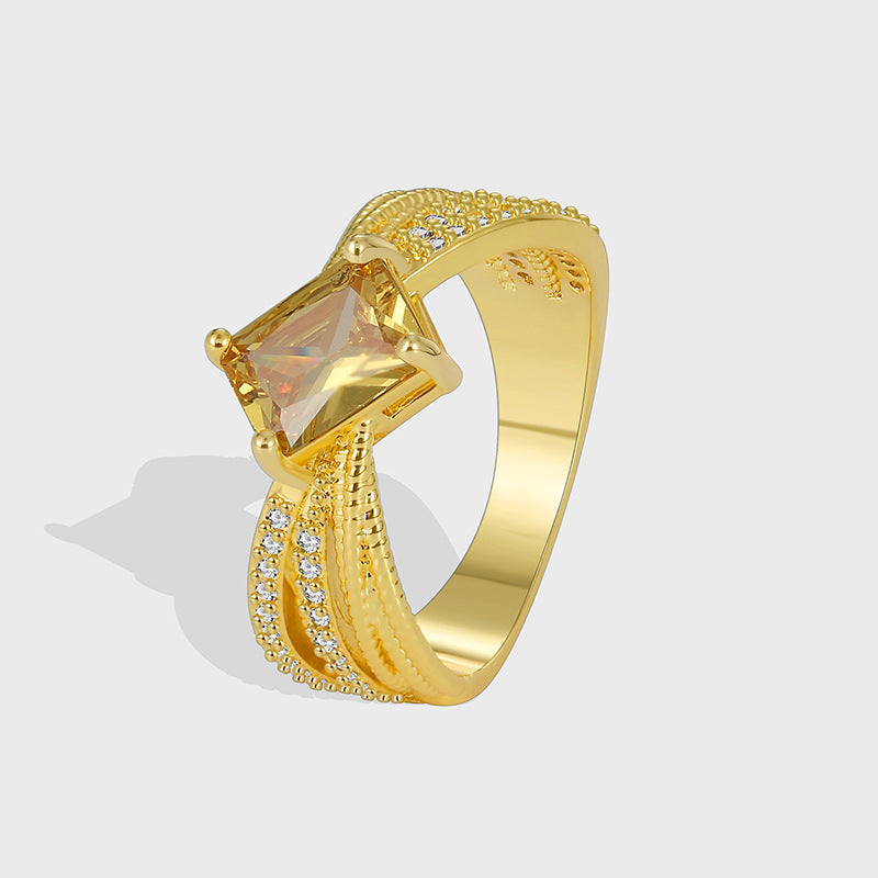 R0357 Fashionable Yellow Zircon Ring for Women, Brass Gold-Plated Simple Micro-Paved White Zircon Ring