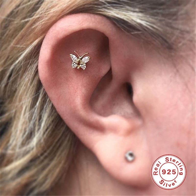 S925Sterling Silver Butterfly Inlaid Diamond Piercing Soft Bone Single Earring Trendy Fashion Ear Bone Stud Earrings