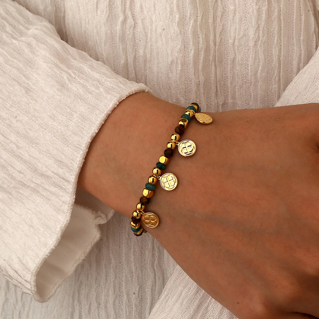 B0279 Round Beaded Bohemian Vintage Chalcedony Tiger Eye Stone Bracelet Trendy