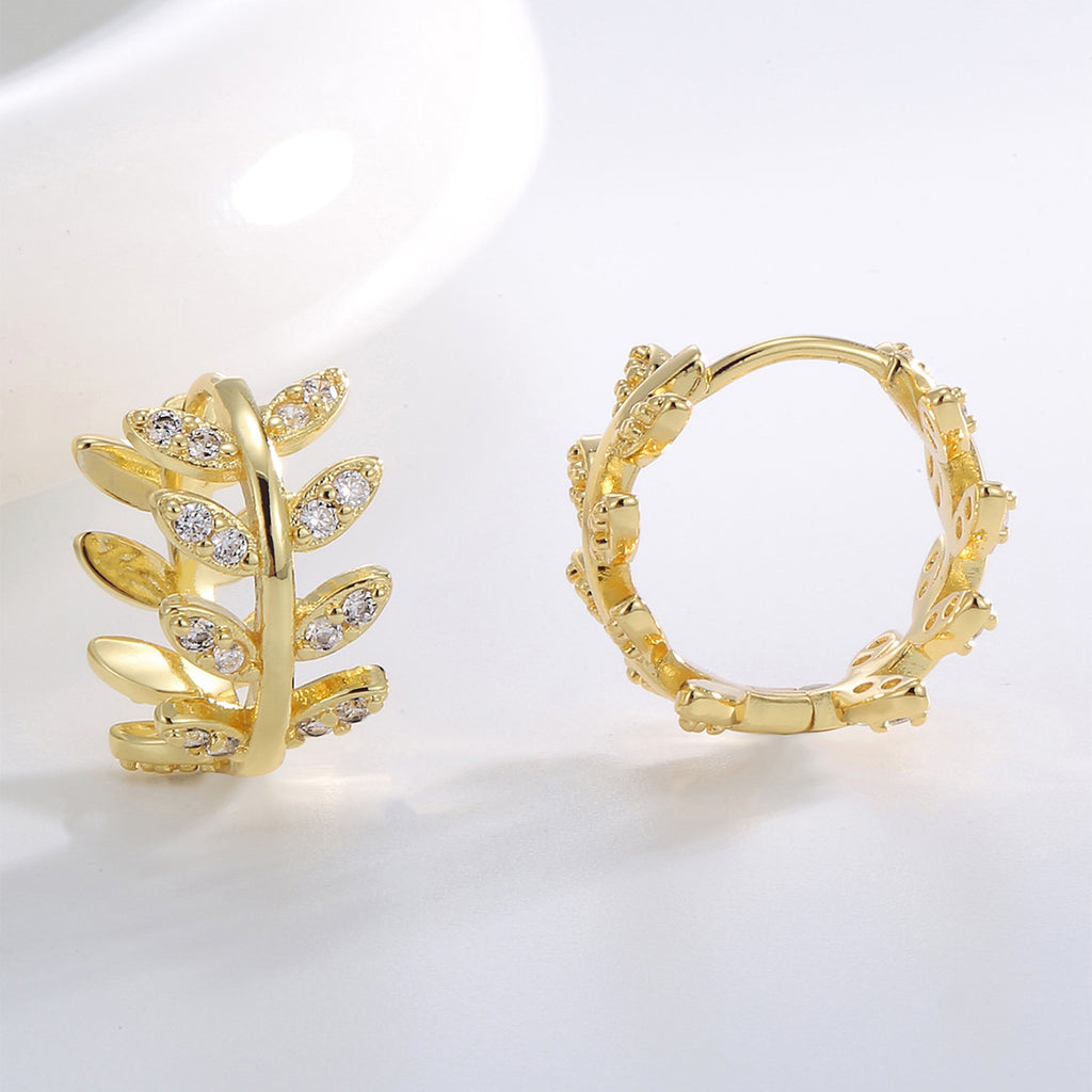 E0524 Fashion Wheat Ear Design Earrings for Women, Gold-Plated Olive Branch Zircon Autumn Winter Earrings