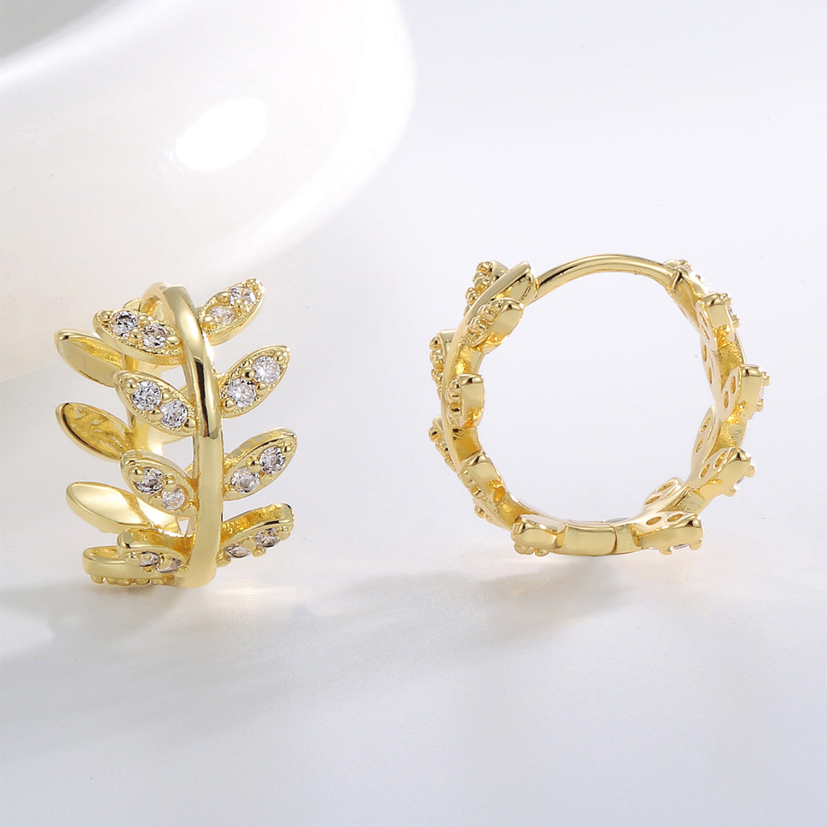 E0524 Fashion Wheat Ear Design Earrings for Women, Gold-Plated Olive Branch Zircon Autumn Winter Earrings