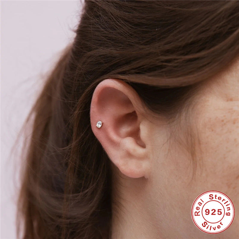 S925Sterling Silver Diamond-Studded Body Piercing Flat Head Threaded Ear Bone Stud Korean Style Geometric Minimalist Earrings for Women