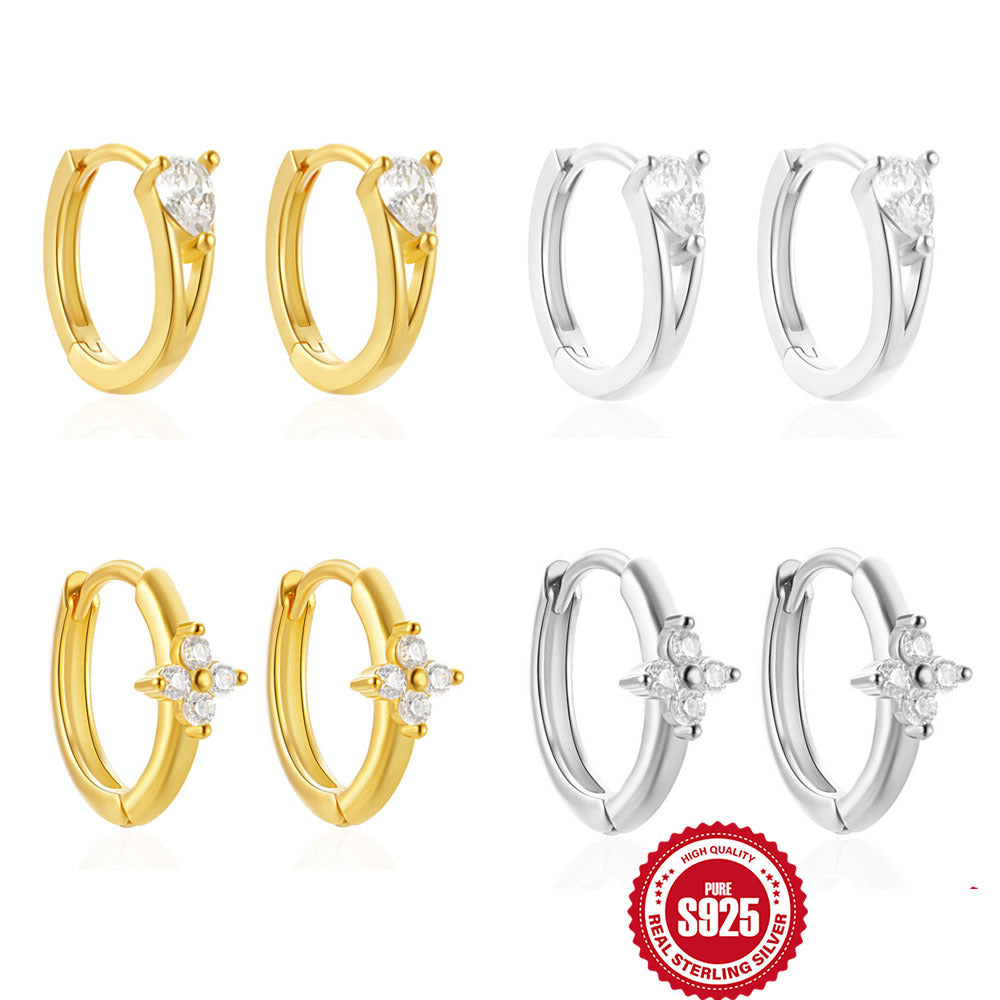 Hot Sale S925Sterling Silver Double Layer Hollow Water Drop Diamond-Studded Hoop Earrings Korean and Japanese Style Flower Earrings