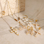 2H Jewelry Stainless Steel Pearl Necklace Cross Earrings Earrings Women