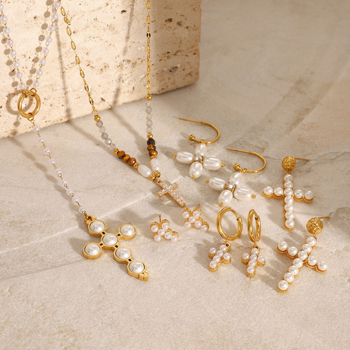 2H Jewelry Stainless Steel Pearl Necklace Cross Earrings Earrings Women