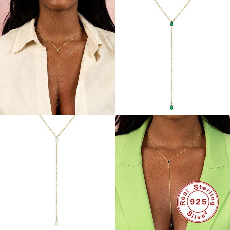 S925 Sterling Silver Y Collarbone Necklace With Diamond Inlays