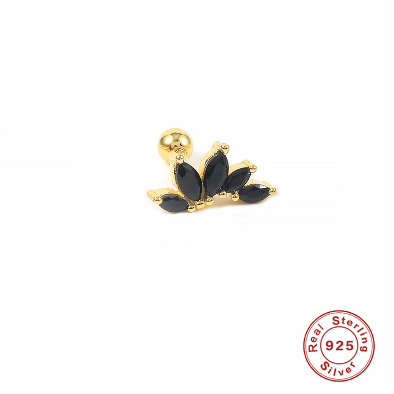 S925Sterling Silver Colorful Diamond Crown Flower Piercing Threaded Ear Bone Stud Mini Inlaid Diamond Ear Cartilage Stud Earrings for Women