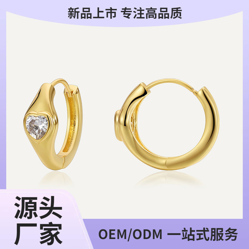 E0675 Korean Style Simple Fashion Heart-Shaped Zircon Earrings for Women Brass Gold-Plated Minimalist Earrings