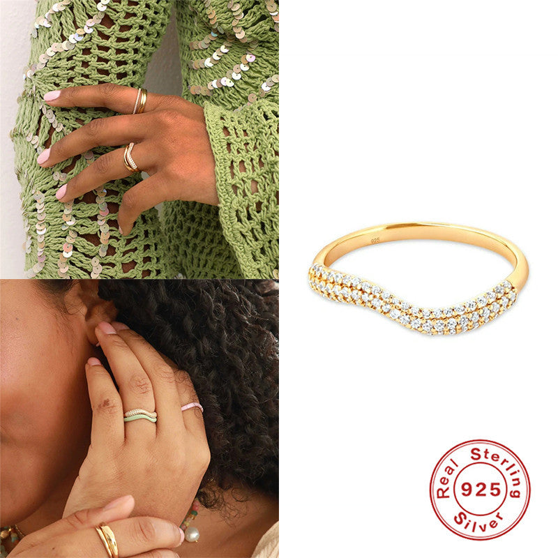 S925Sterling Silver Creative Wave Zircon Ring for Women Hot-Selling Diamond-Studded Index Finger Ring