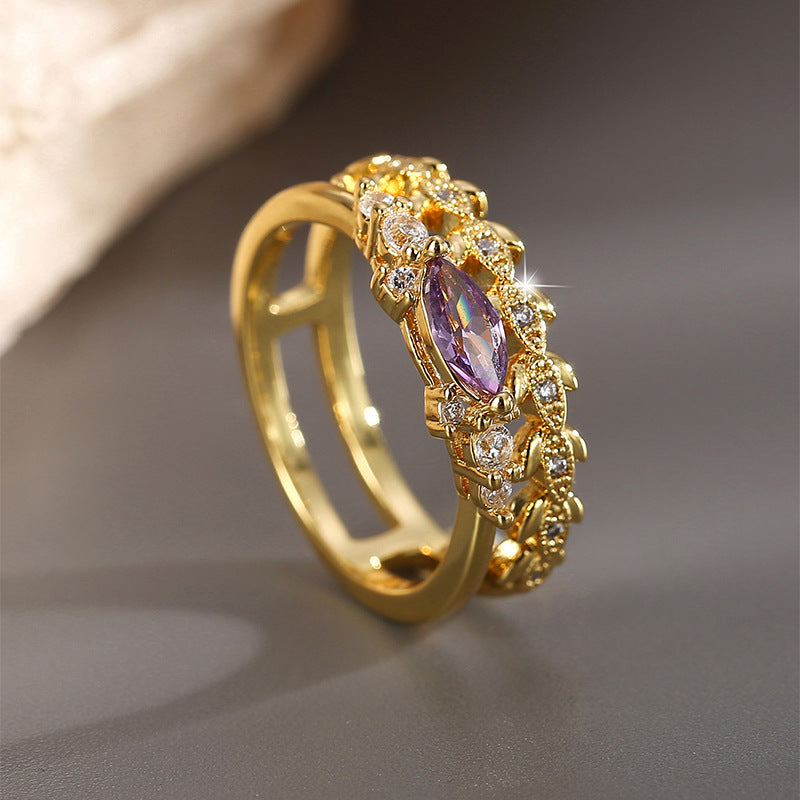 R0419 Elegant and fashionable purple zircon ring for women with micro-inlaid white zircon