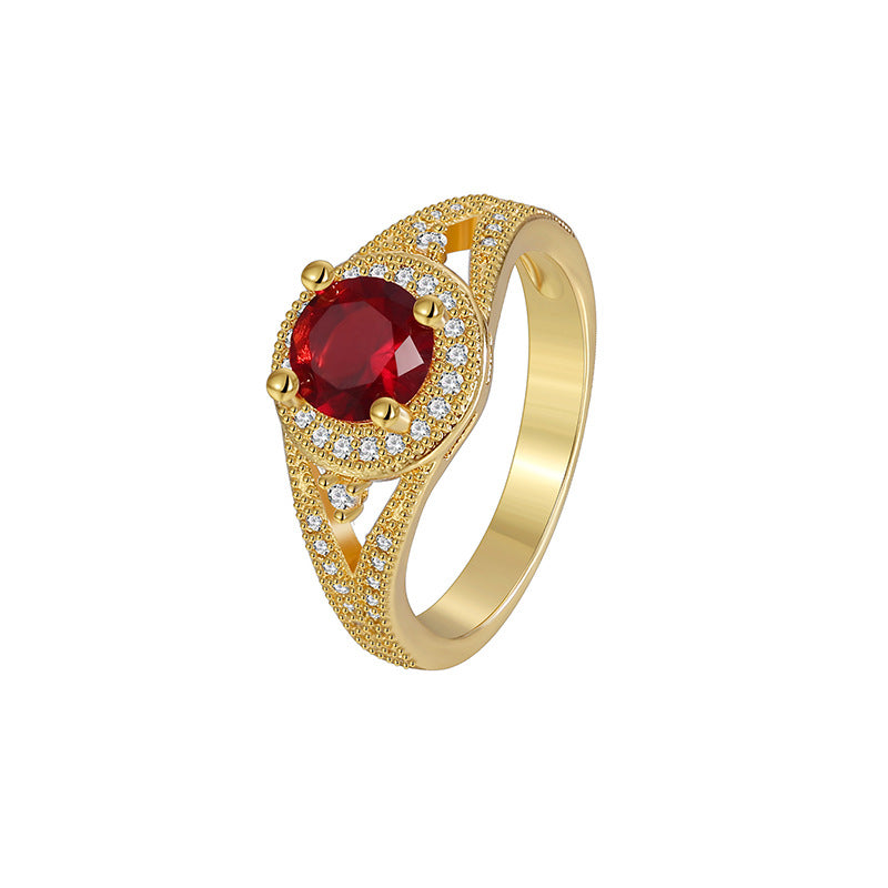 R0457 Design Sense Round Red Zircon Ring for Women, Simple Micro Pave White Zircon Modern Tail Ring