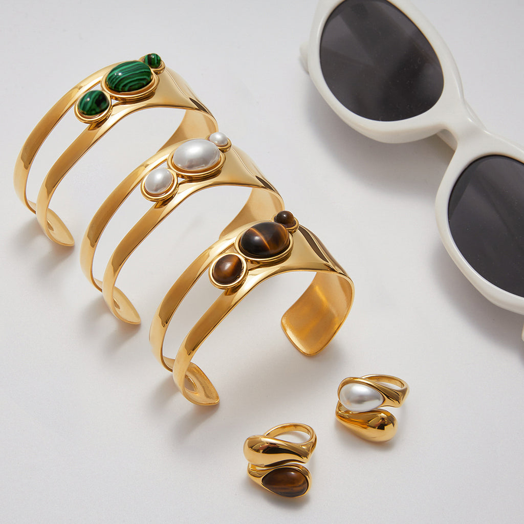 Natural Stone Hollow Open Bracelet for Women, Non-Fading Jewelry, Stainless Steel Ring Accessories