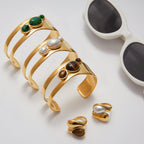 Natural Stone Hollow Open Bracelet for Women, Non-Fading Jewelry, Stainless Steel Ring Accessories