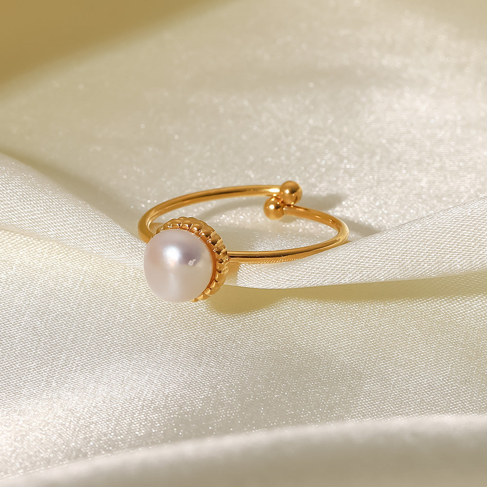 2H  Fashion Versatile Same Style Ring 18K Gold Stainless Steel Adjustable Freshwater Pearl Bread Bead Fine Ring