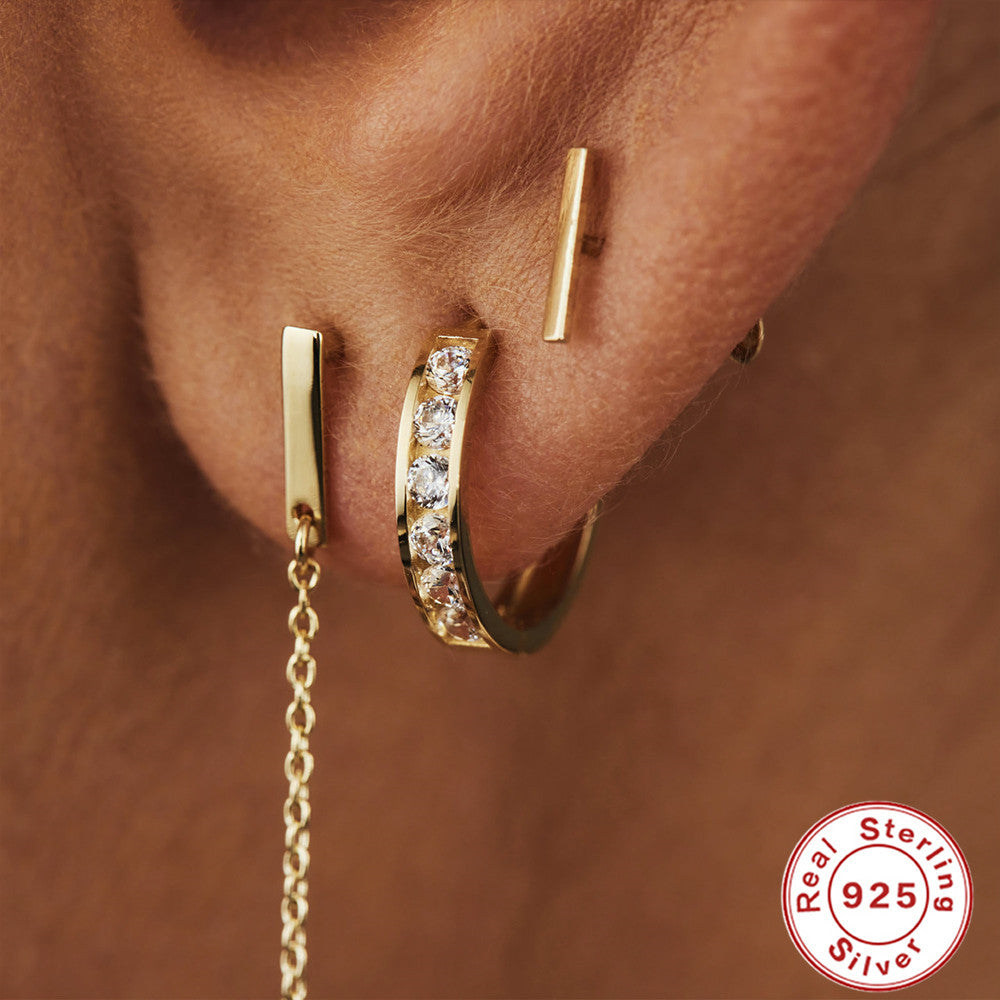 S925Sterling Silver Cluster Diamond Geometric Hoop Earrings Hot-Selling Trendy Ear Jewelry