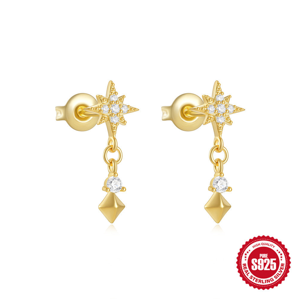 S925Sterling Silver Star Moon Pearl Moonstone Inlaid Diamond Earrings Stud Earrings Hot-Selling Women's Jewelry