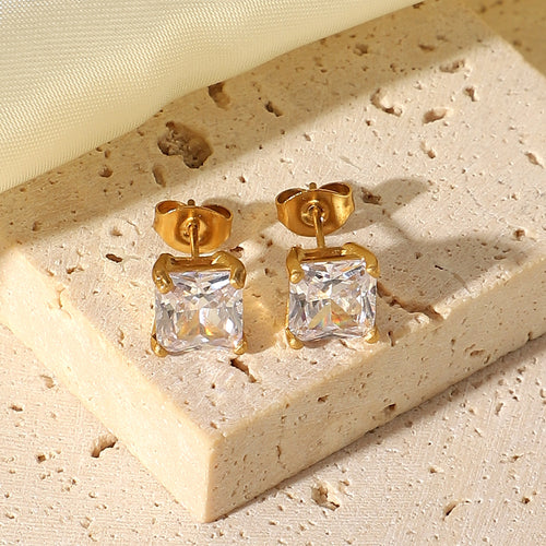 18K Gold-Tone Geometric Cubic Zirconia Stainless Steel Stud Earrings in a gold-tone stainless steel finish