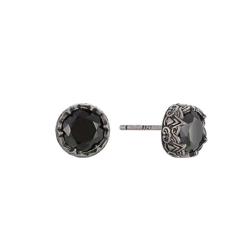 E0724 Black Zircon Stud Earrings For Women Minimalist Antique Silver