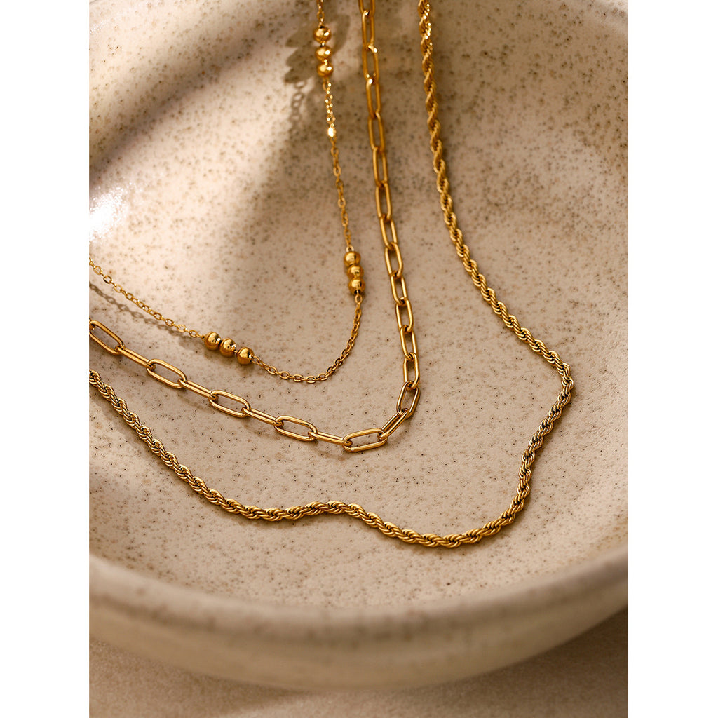 18K Gold Stainless Steel Triple Beaded Loop Chain Braided Chain Three-Layer Necklace Same Style Beach Jewelry