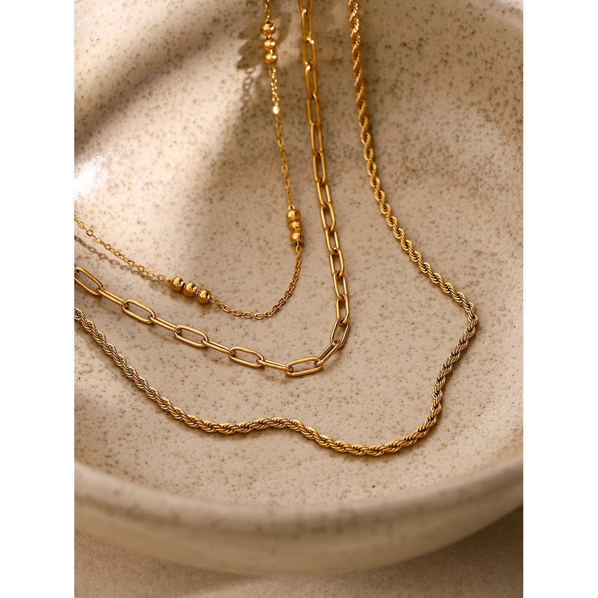 18K Gold Stainless Steel Triple Beaded Loop Chain Braided Chain Three-Layer Necklace Same Style Beach Jewelry