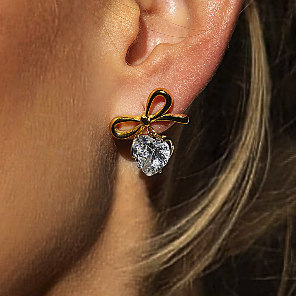 Stainless Steel Bow Necklace Zircon Stud Earrings Ring18k Gold accessories