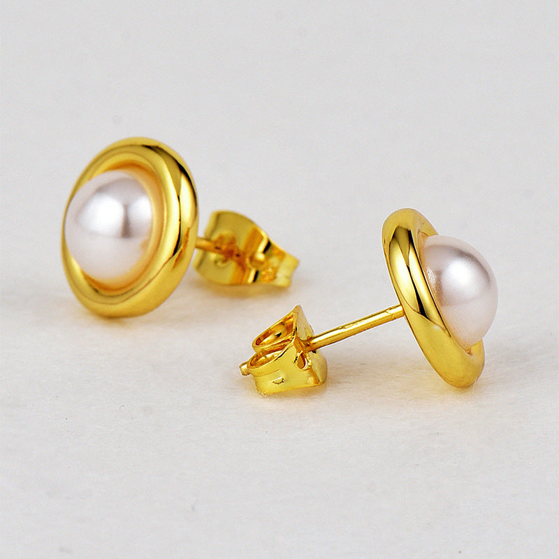 E0662 Simple Fashion Round Cute Earrings for Women Copper Gold Plated Minimalist Style Inlaid Pearl Earrings
