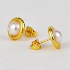 E0662 Simple Fashion Round Cute Earrings for Women Copper Gold Plated Minimalist Style Inlaid Pearl Earrings