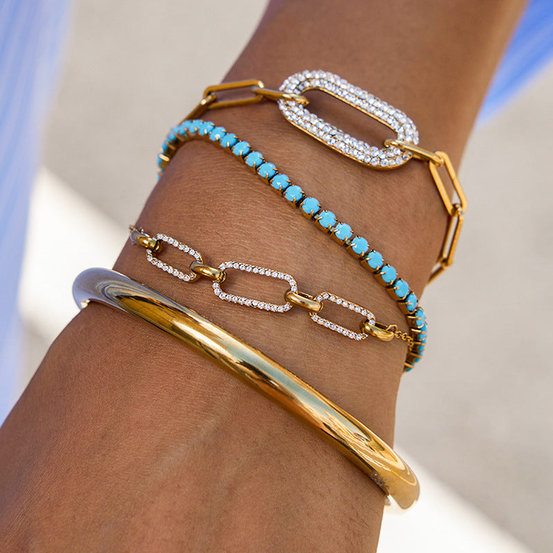 White Diamond Blue Turquoise Bracelet Jewelry Stainless Steel Jewelry Women