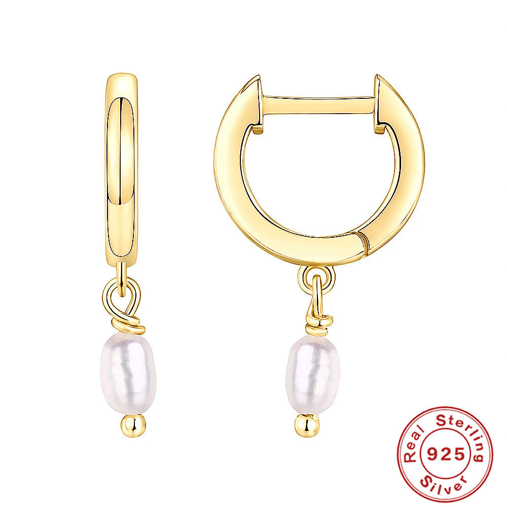 S925Sterling Silver Octagonal Star Geometric Inlaid Diamond Pearl Lock Pendant Earrings Hoop Earrings Ear Clips Trendy Ear Jewelry