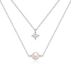 S925 Sterling Silver Double Layer Pearl Necklace With Four Prong CZ