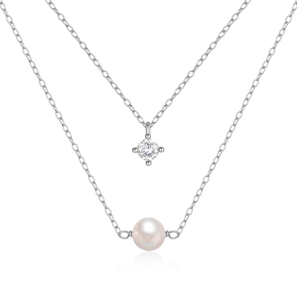 S925 Sterling Silver Double Layer Pearl Necklace With Four Prong CZ