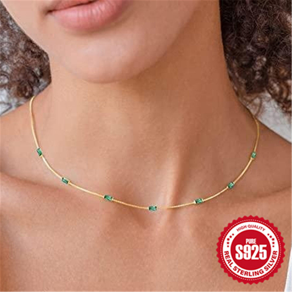 925 Silver Simple Thin Chain Colorful Diamond Collarbone Necklace