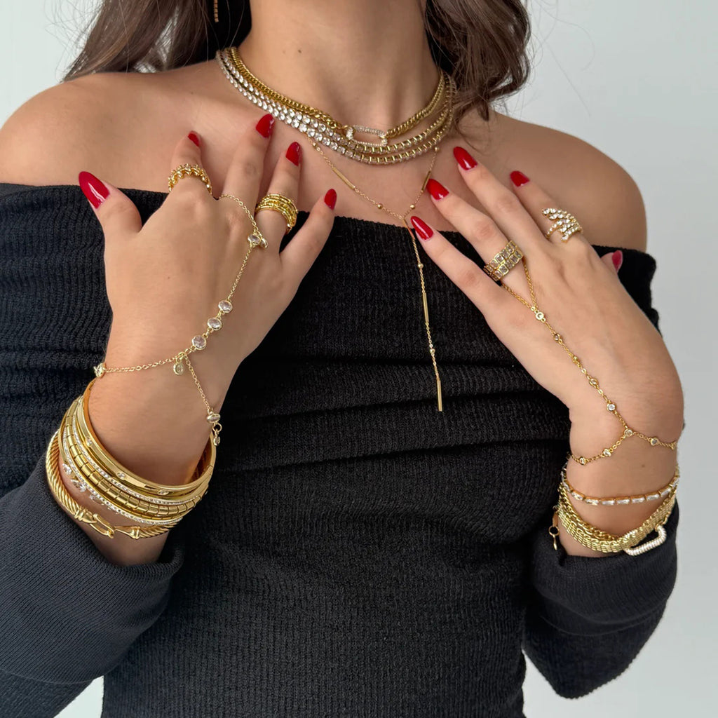 Stainless Steel Zircon Pearl Finger Bracelet Non-Fading Jewelry