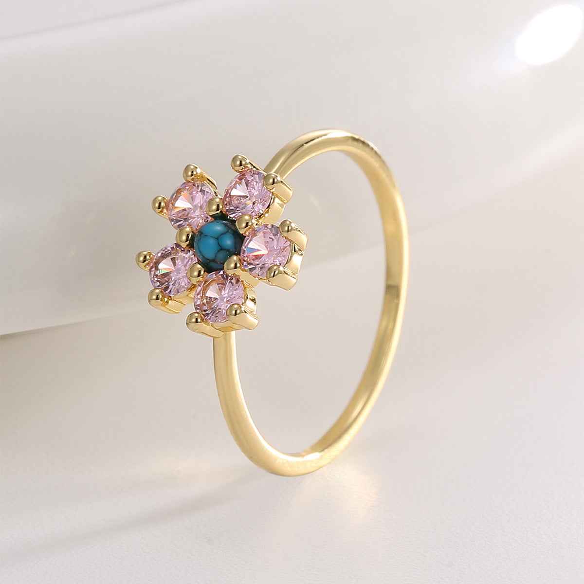 R0690 Cute Flower Pink Zircon Ring for Women Plated18K Golden Sweet Cool Style Turquoise