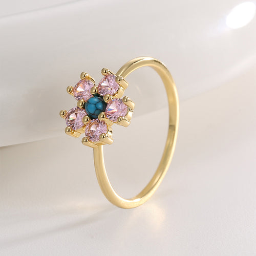 18K Gold-Plated Brass Floral Turquoise Ring featuring turquoise detailing