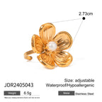 Stainless Steel Flower Necklace Zircon Earrings Pearl Ring Open Bracelet Jewelry