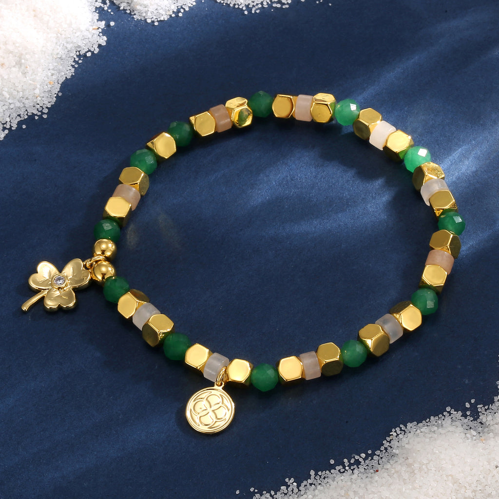 CYB0240 Vintage Copper Plated14k Golden Clover Zircon Beaded Vacation