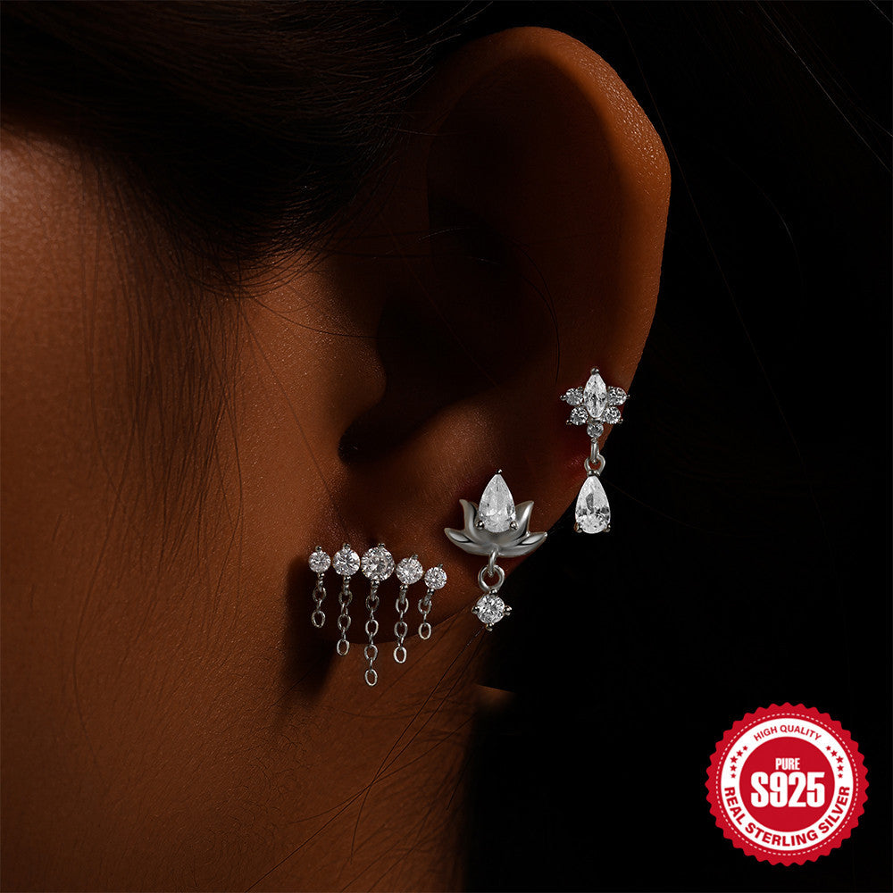 S925Sterling Silver Tassel Inlaid Diamond Chain Earrings Stud Korean Style Hot-Selling Fashion Piercing Jewelry
