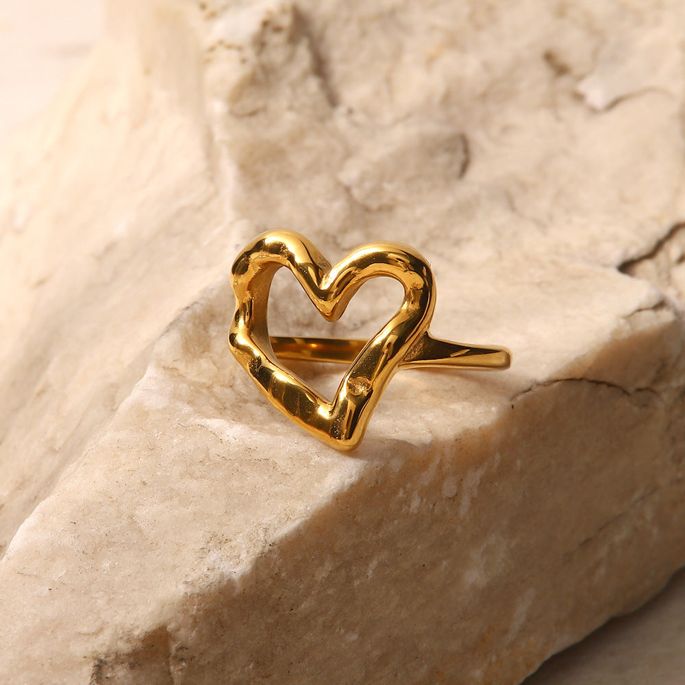 French Style Ring for Women, Designer Blogger's Same Style, Hammered Heart Gold-Plated Non-Fading Ring