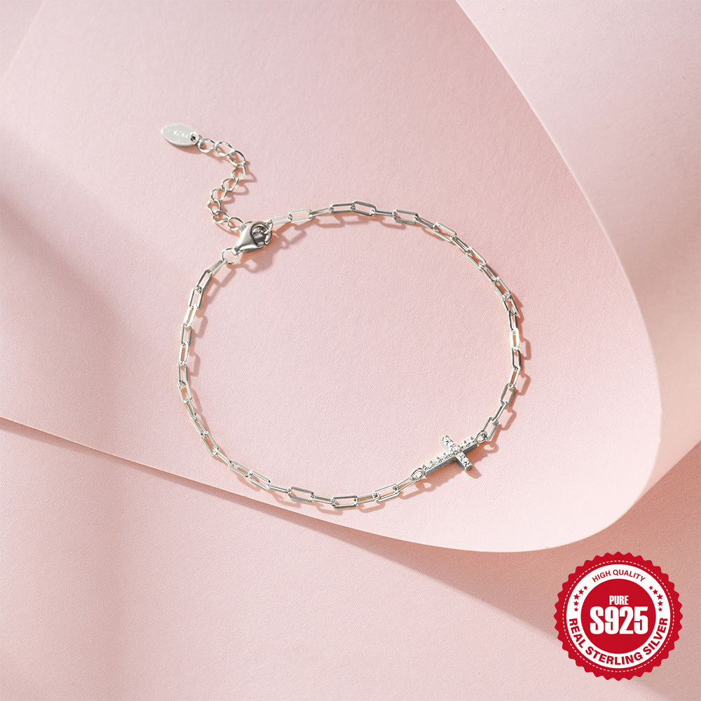 New S925 Sterling Silver Paperclip Zircon Cross Bracelet Korean Style