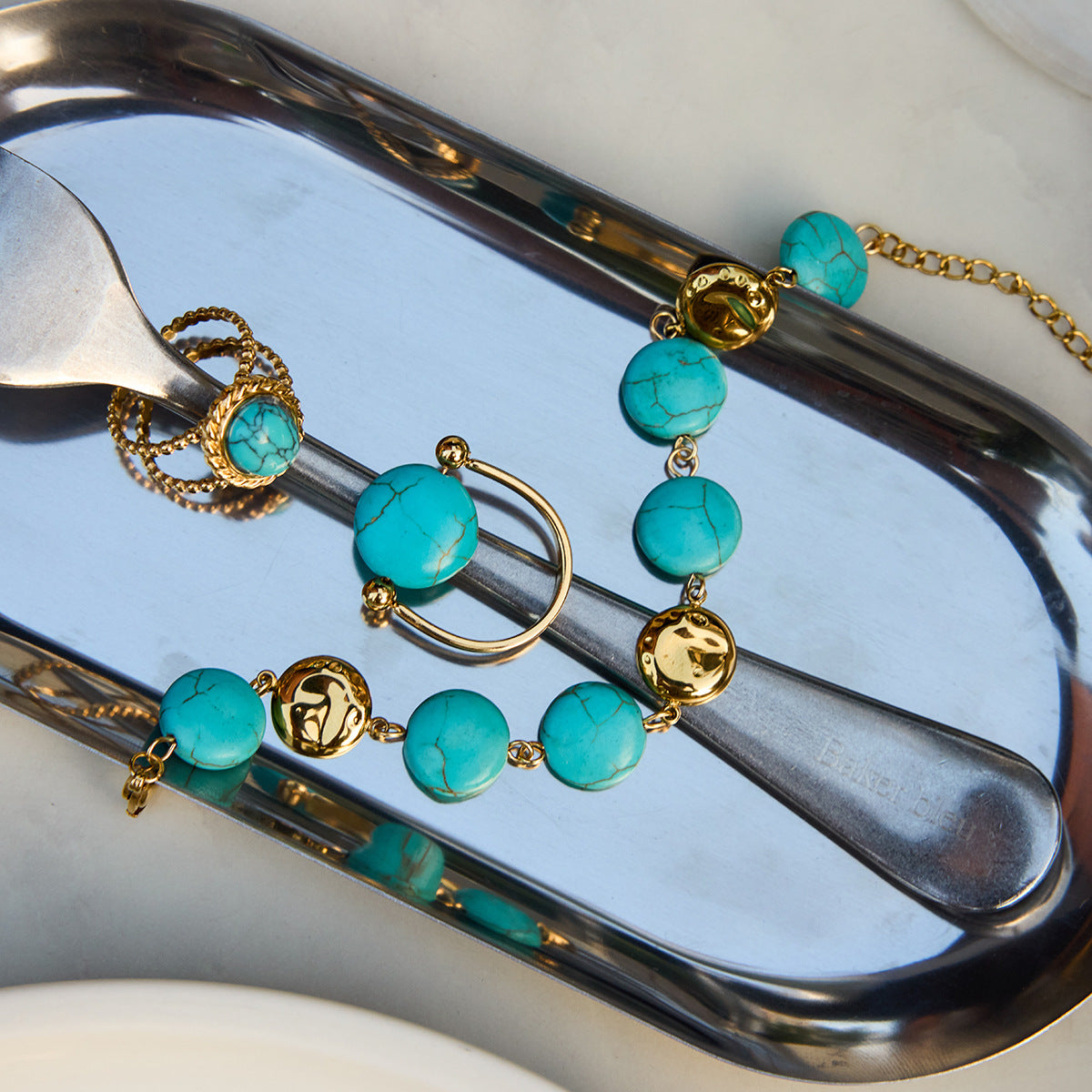 Blue Turquoise Ring Non-Fading Jewelry Stainless Steel Bracelet Accessories