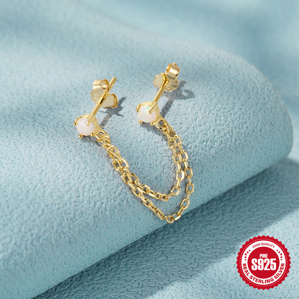 S925Sterling Silver Chain Tassel Inlaid Diamond Opal Australian Opal Threader Earrings Stud Earrings Korean Style High-end Earrings for Women