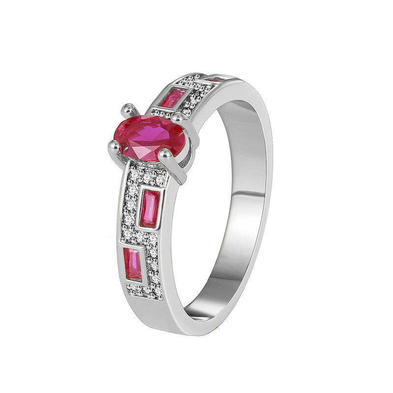 R0386 Fashionable Red Zircon Ring for Women Copper Plated with Real Gold Micro Inlaid White Zircon