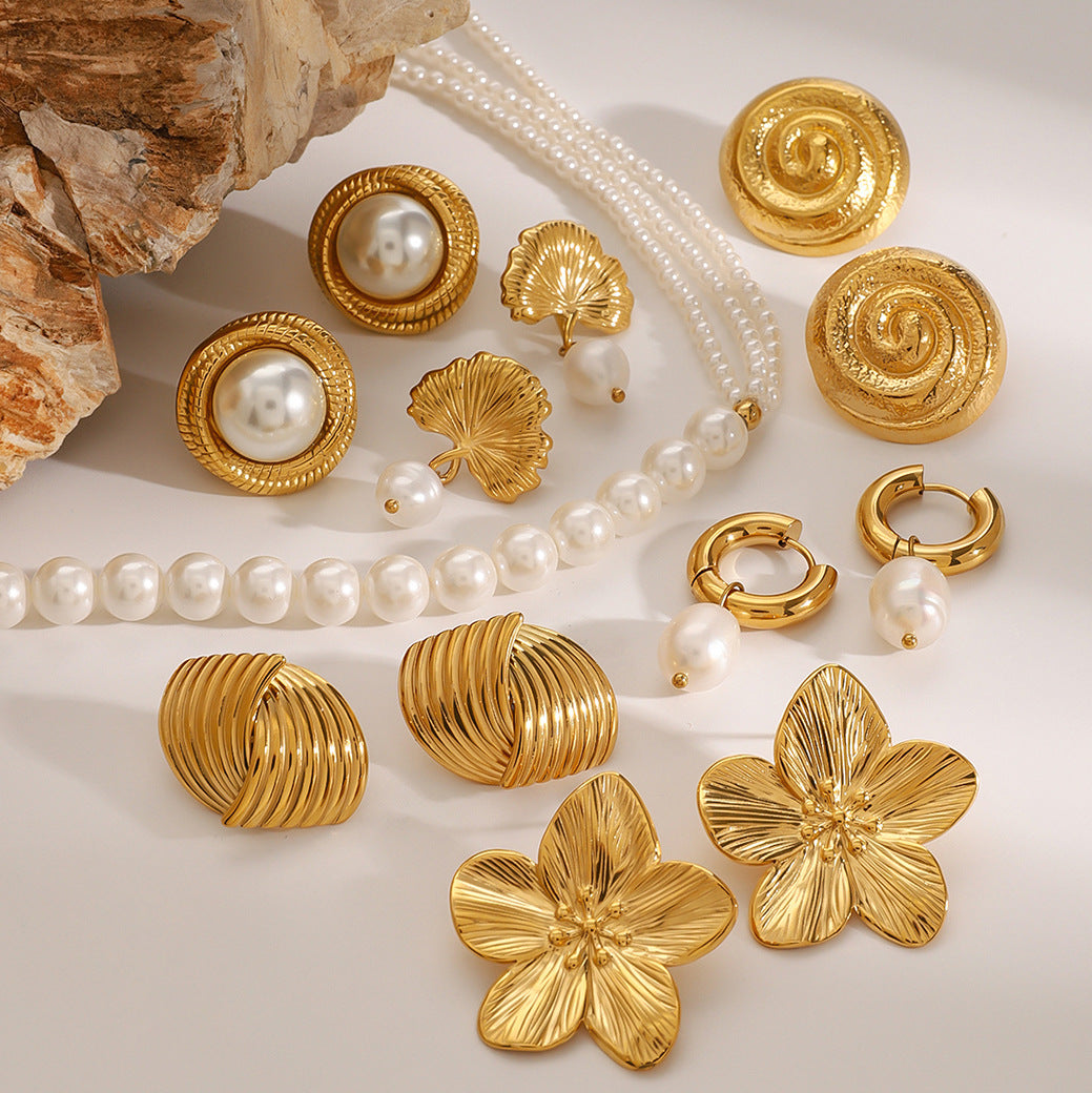 Stainless Steel Pearl Necklace Exaggerated Flower Stud Earrings Jewelry earrings