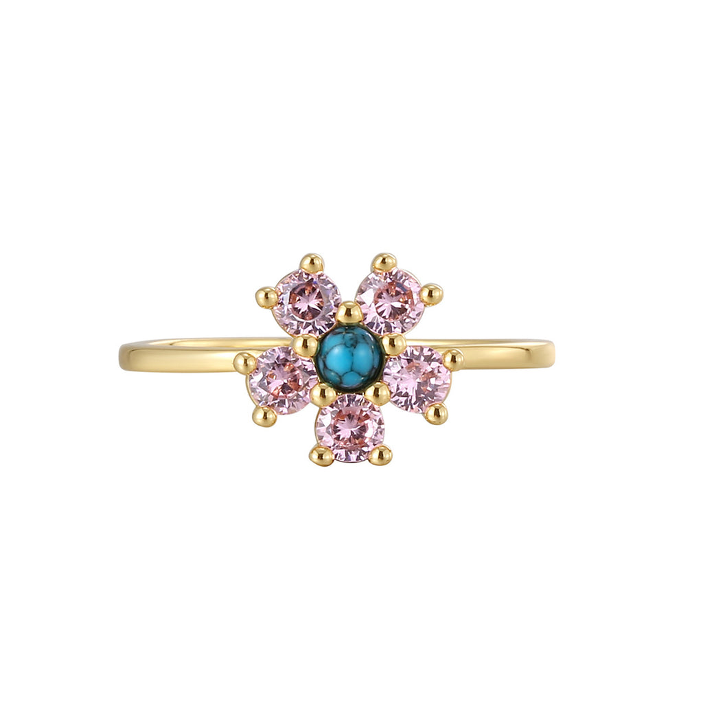 R0690 Cute Flower Pink Zircon Ring for Women Plated18K Golden Sweet Cool Style Turquoise