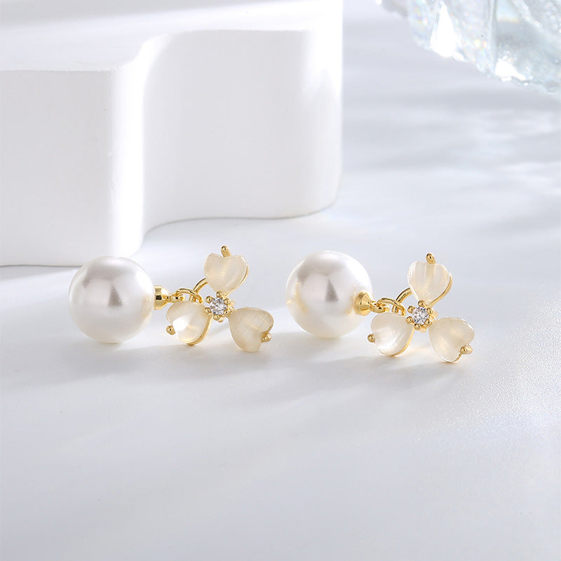 E0710 Elegant Fashion Heart-Shaped Cat's Eye Stone Clover Earrings for Women Cute Vintage Shell Pearl Earrings
